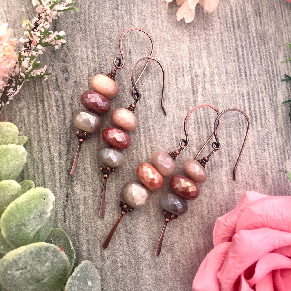 Moonstone copper wire wrap statement earrings